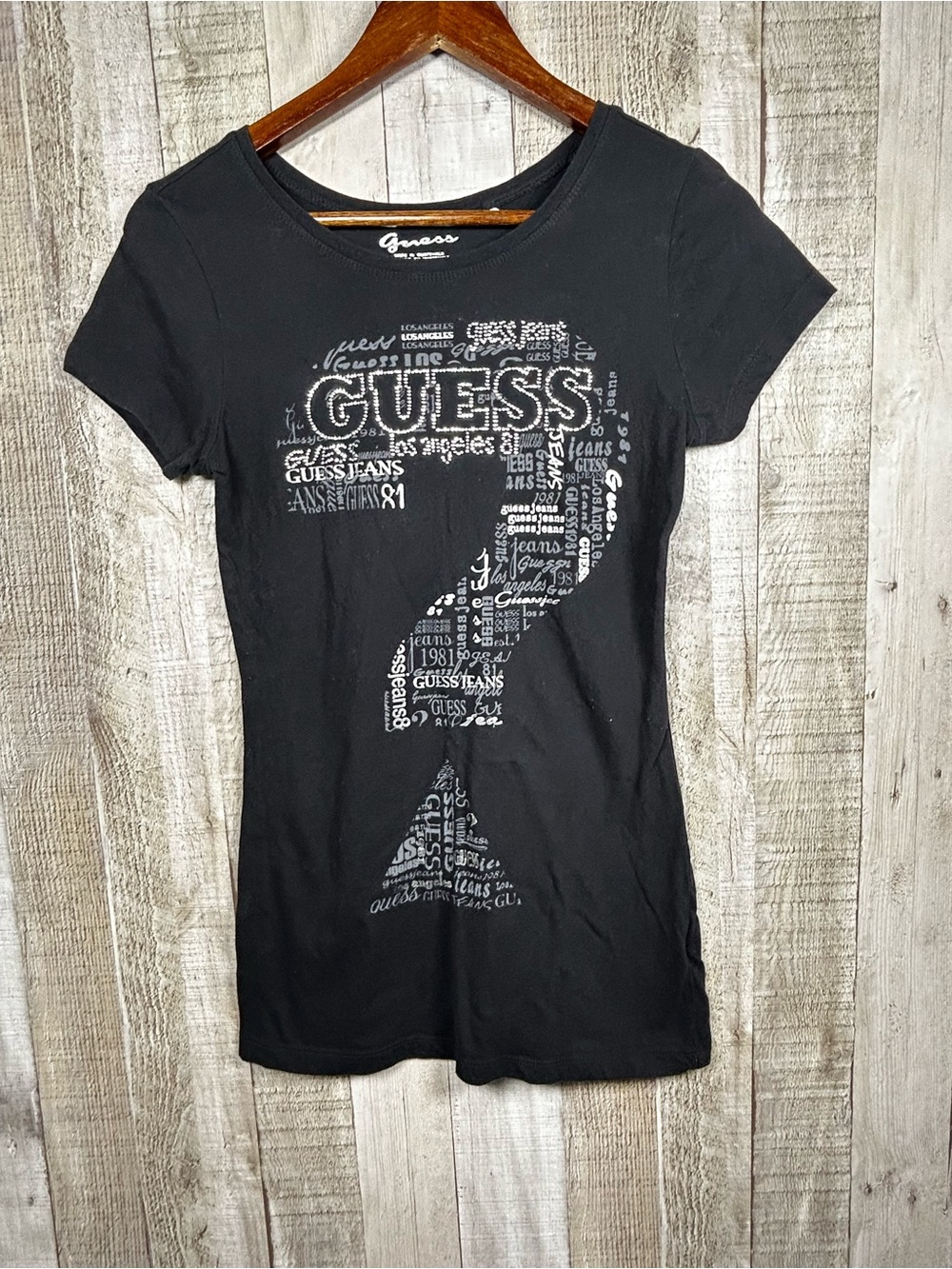 Y2K Guess Jeans Black Rhinestone Logo Graphic Question Mark T-Shirt 
Bejeweled
